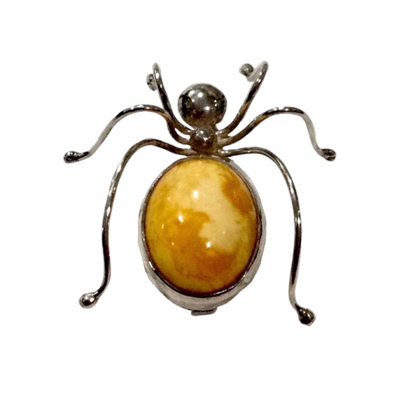 Vintage Insect Spider Brooch Pin Sterling Silver & Butterscotch Amber, Pristine! - Picture 2 of 9